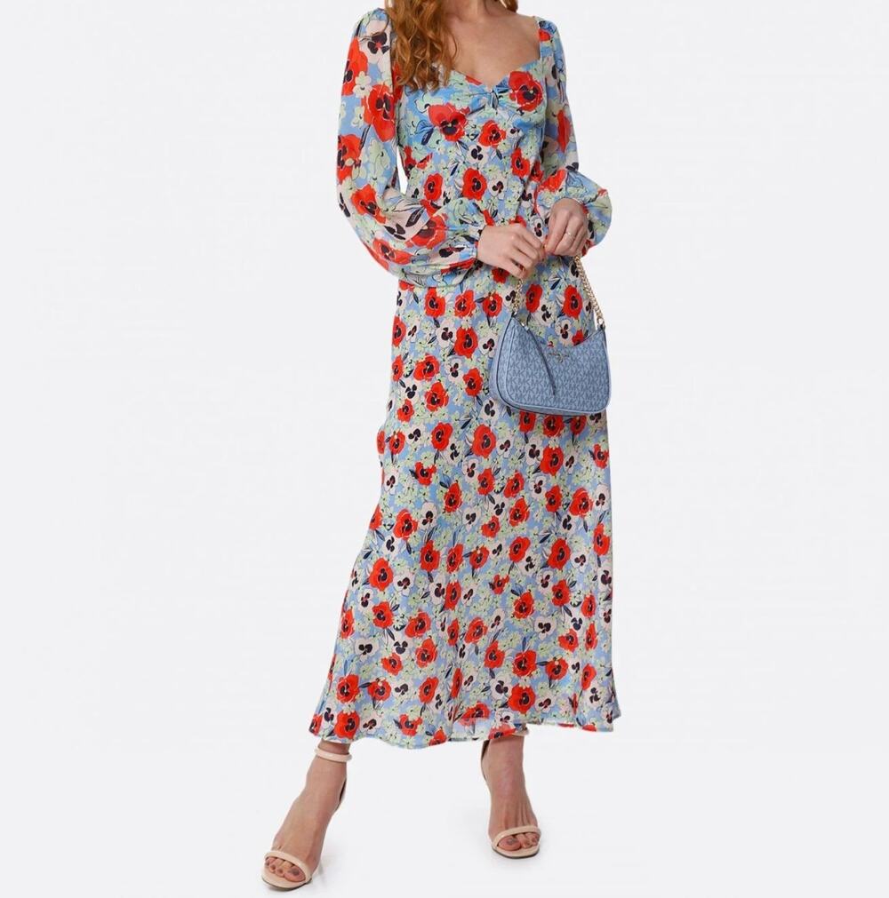 Rixo Gio Floral Silk Chiffon Long Dress Long Puff Sleeves Womens Size Medium EUC